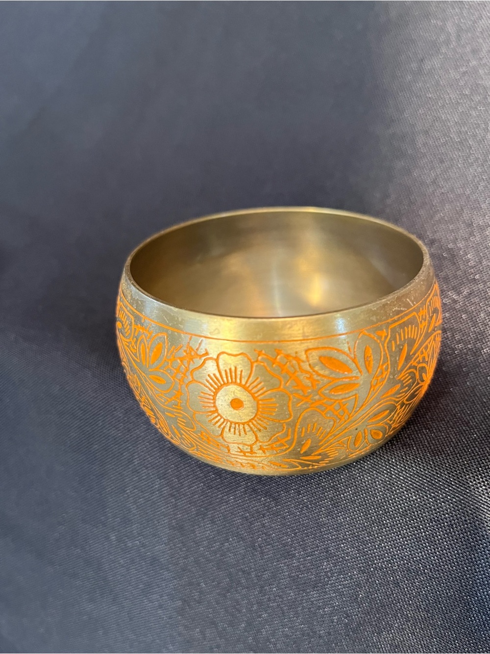 Decorative Floral Etched Brass Bangle — Gold and Orange